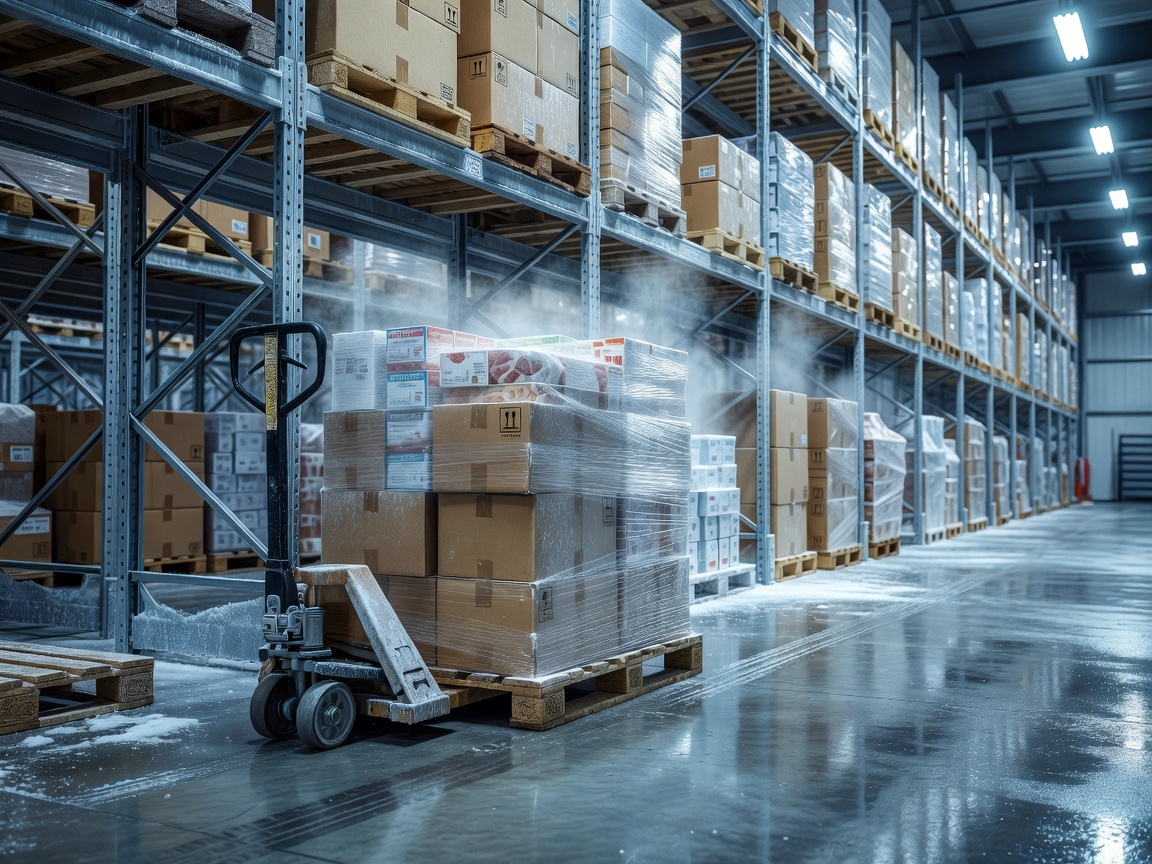 Temperature-controlled distribution warehouse with goods staged for transport